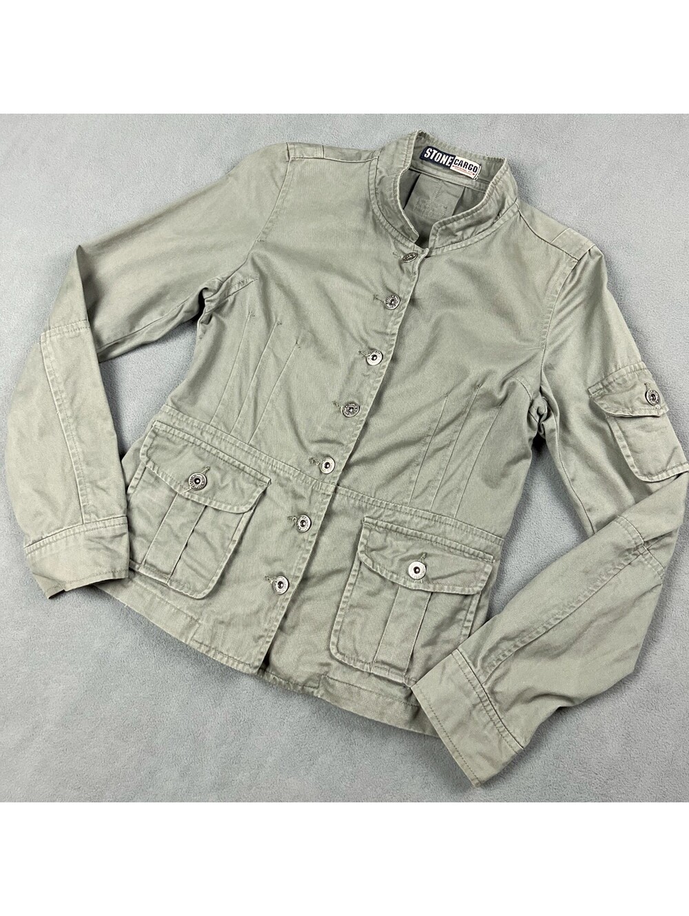 Khaki Green Button-Up Utility Jacket, Military Style